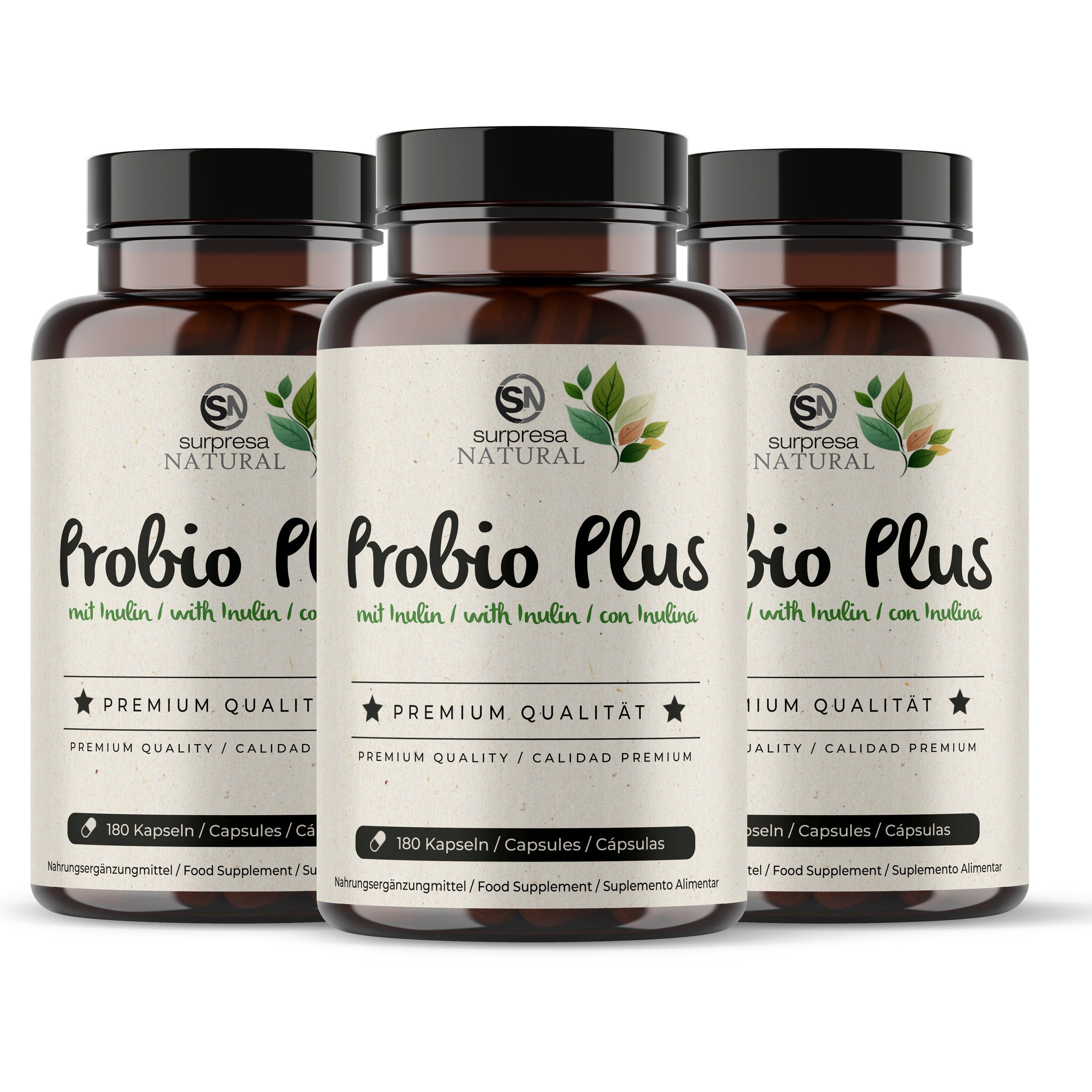 Drei Flaschen Surpresa Natural Probio Plus Kapseln nebeneinander.