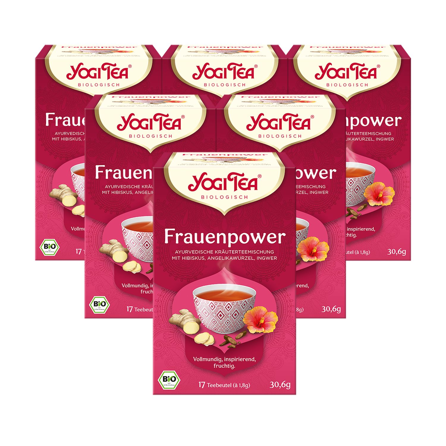 Mehrere Packungen Yogi Tea - Frauenpower. Rote Verpackung mit Logo, Teebeutel-Anzahl und Bio-Siegel. Kräutermischung.