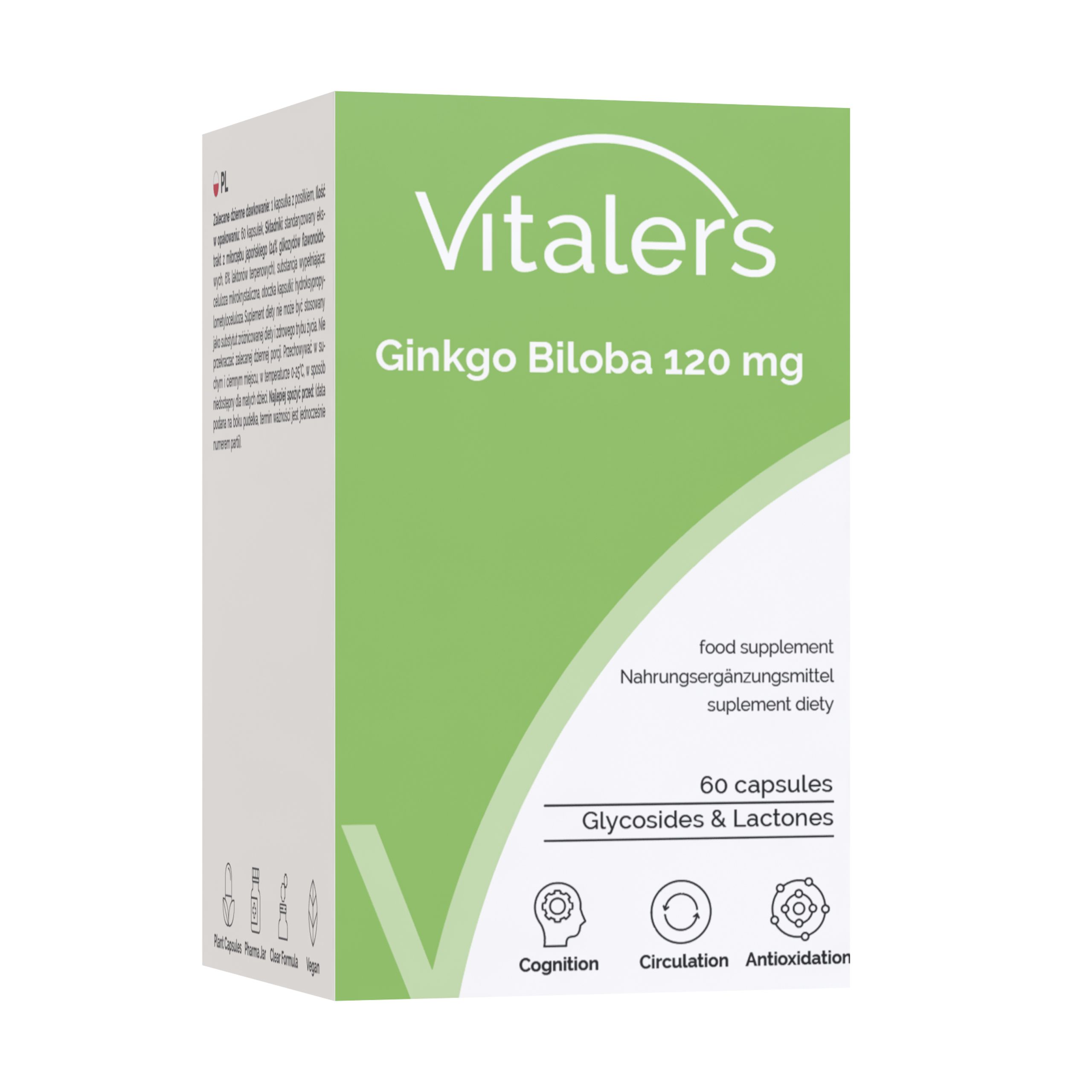 Vitaler's Ginkgo Biloba 120 mg Kapselbehälter und Verpackung. Enthält 60 Kapseln.