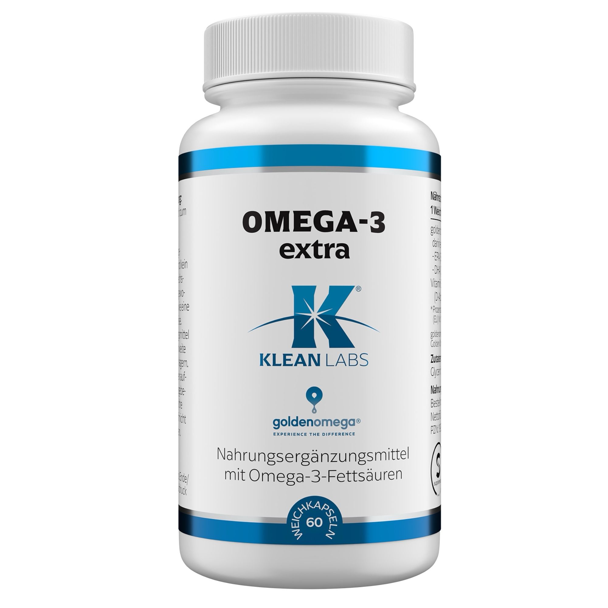 Weiße Flasche mit blauem Etikett. Aufschrift: OMEGA-3 extra, Klean Labs. Enthält 60 Weichkapseln. Nahrungsergänzungsmittel.