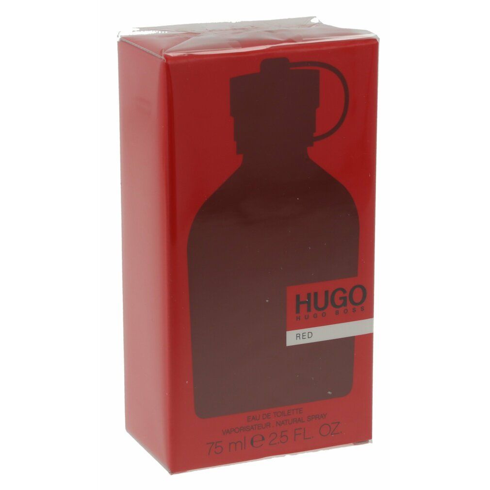 Rote Verpackung mit Produktumriss. HUGO RED-Logo. Text: Eau de Toilette, 75 ml, 2.5 FL. OZ.