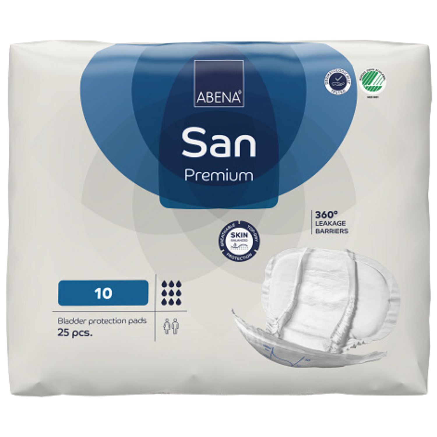 Verpackung mit ABENA San Premium Vorlagen. Blaue und weiße Verpackung. Enthält 25 Stück. Mit 360° Auslaufschutz und Hautschutz.