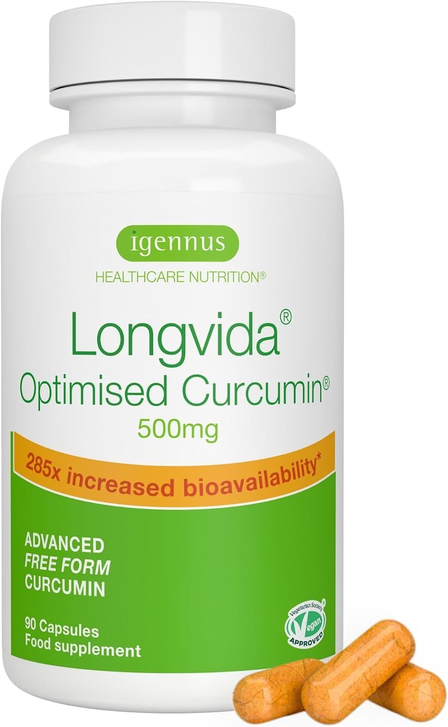 Weiße Dose mit Longvida Optimised Curcumin 500mg Kapseln. Zwei Kapseln liegen daneben.