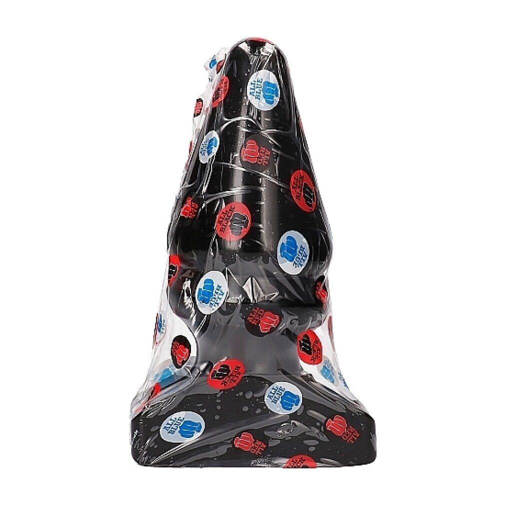 Schwarzer, konischer Analplug in Folienverpackung. Auf der Verpackung befinden sich Aufkleber mit Logo und Schriftzug.