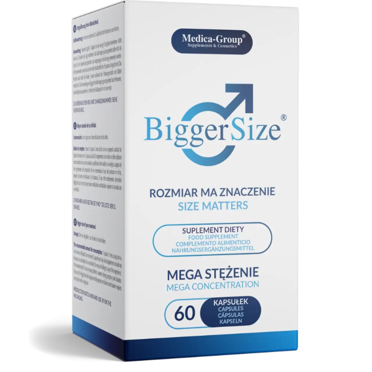 Weiße Schachtel mit blauer Aufschrift BiggerSize. Enthält 60 Kapseln. Aufschrift: Mega Stężenie, Nahrungsergänzungsmittel.
