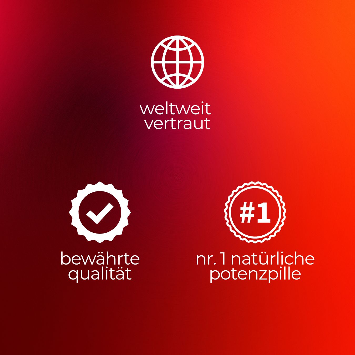 Drei Symbole auf rotem Hintergrund: Globus, Häkchen, Nummer 1.