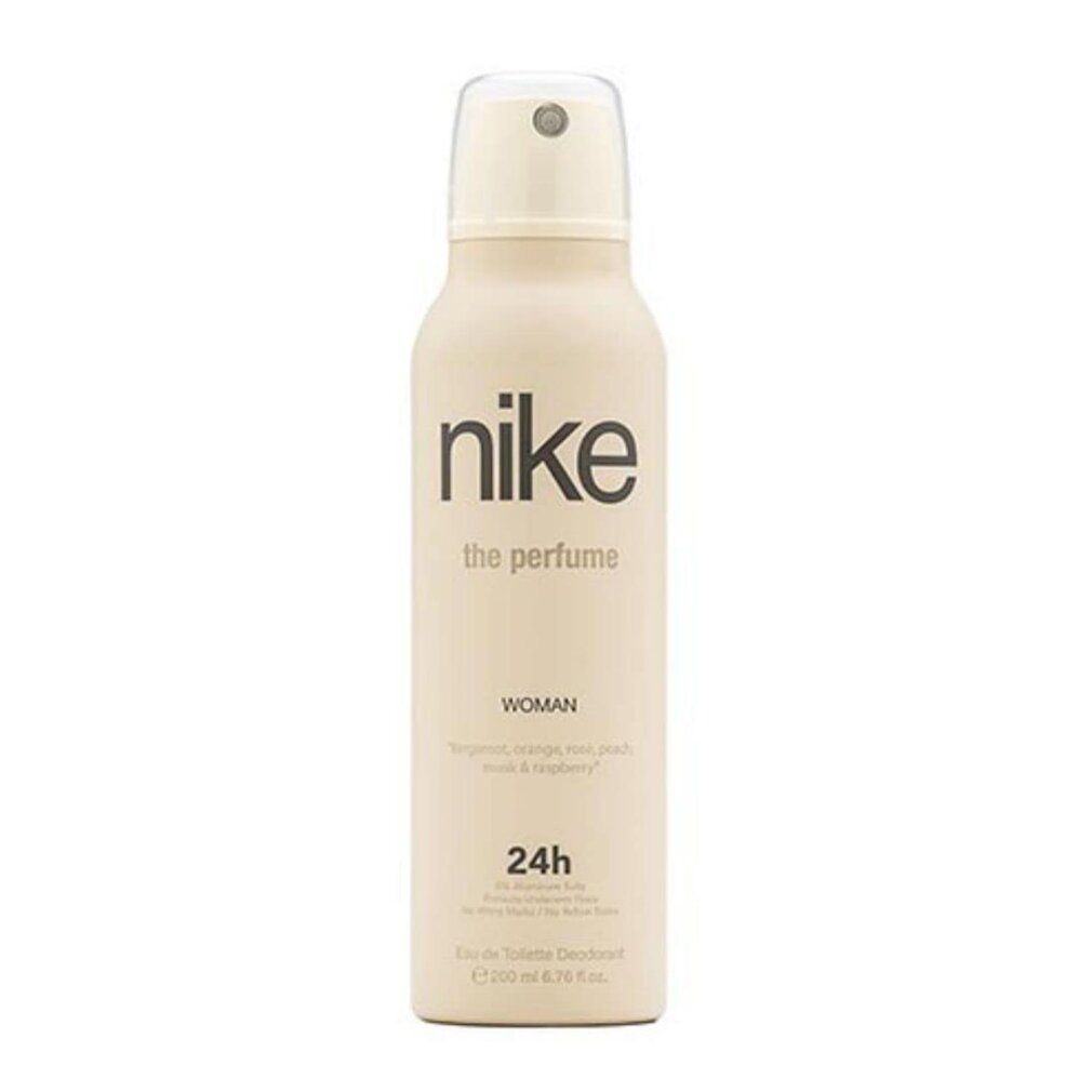 Beige Deodorant-Spraydose. Schwarzer Schriftzug: nike the perfume woman. Text darunter: Duftnoten. Unten: Eau de Toilette Deodorant. 24h.