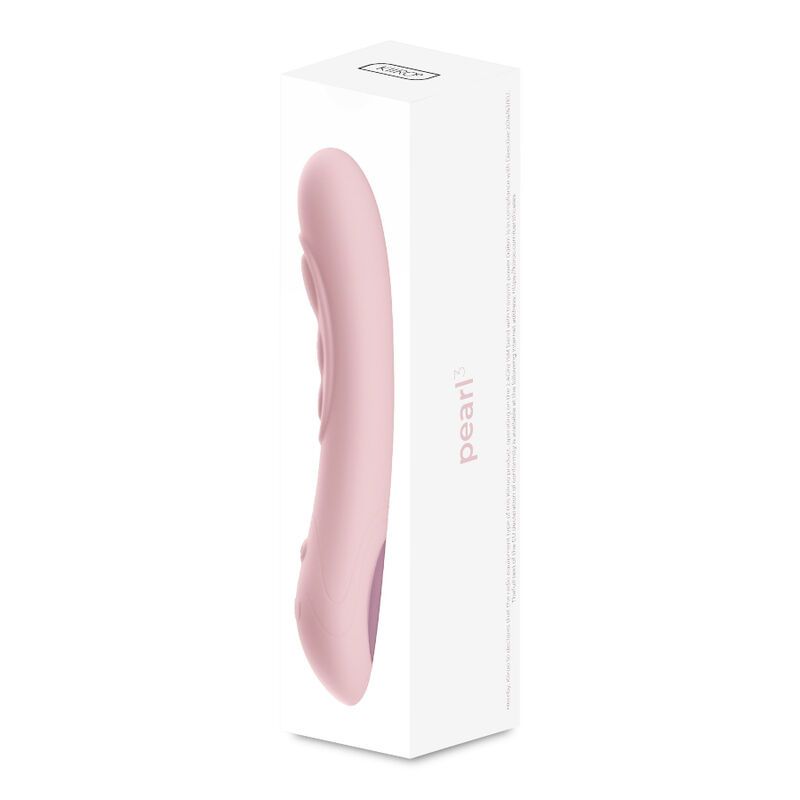 Ein rosafarbener Vibrator in seiner weißen Einzelhandelsverpackung mit dem Aufdruck 'pearl'.
