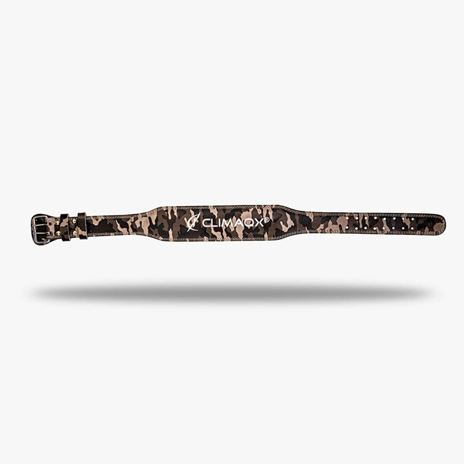 CLIMAQX Power Belt. Camouflage-Muster. Schwarzes Leder mit weißem Logo. Schnalle und Löcher zur Größenanpassung.