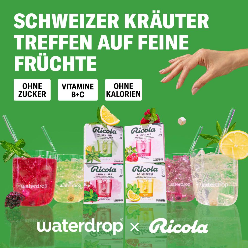 Waterdrop® x Ricola Microdrink  Taster Pack Quartett - Himbeere, Zitrone Minze, Granatapfe & Verbene