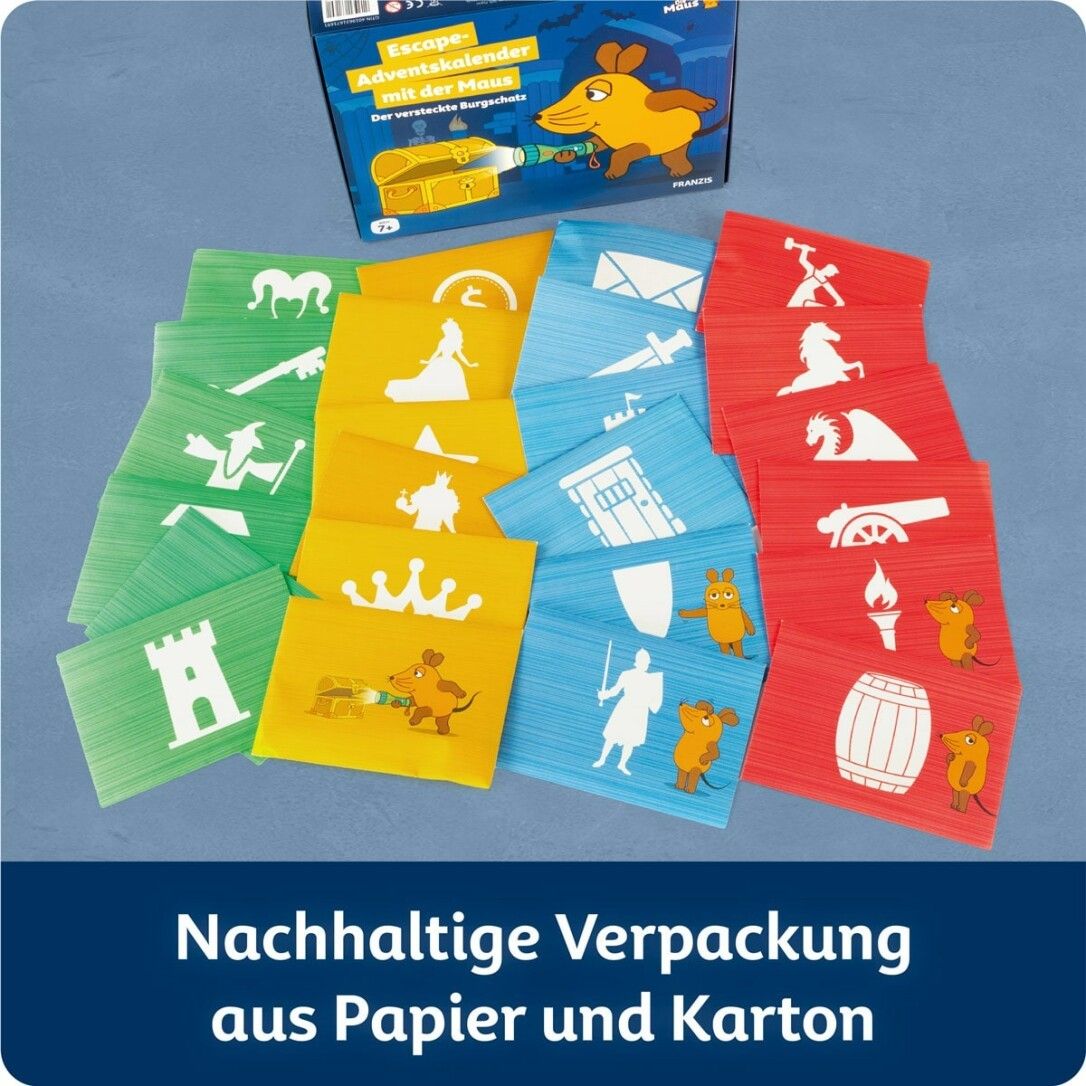 Karten in verschiedenen Farben mit Illustrationen. Text: Nachhaltige Verpackung aus Papier und Karton.