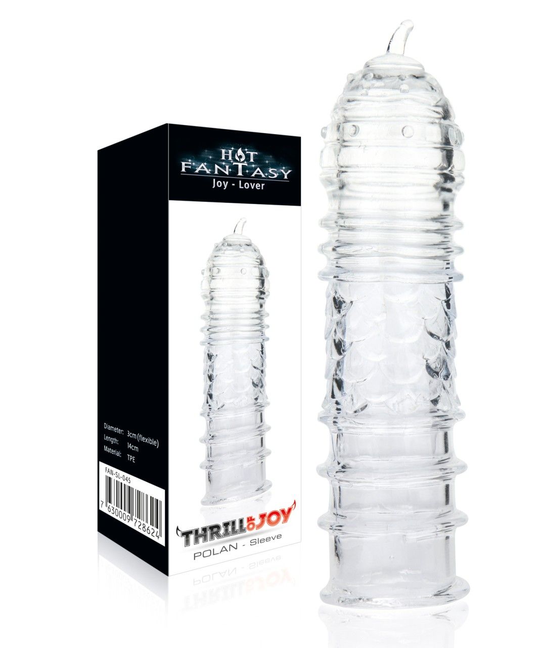Transparente Penis-Sleeve. Verpackung mit Produktabbildung und Schriftzug "HOT FANTASY Joy - Lover". Text: "THRILL&JOY POLAN - Sleeve".