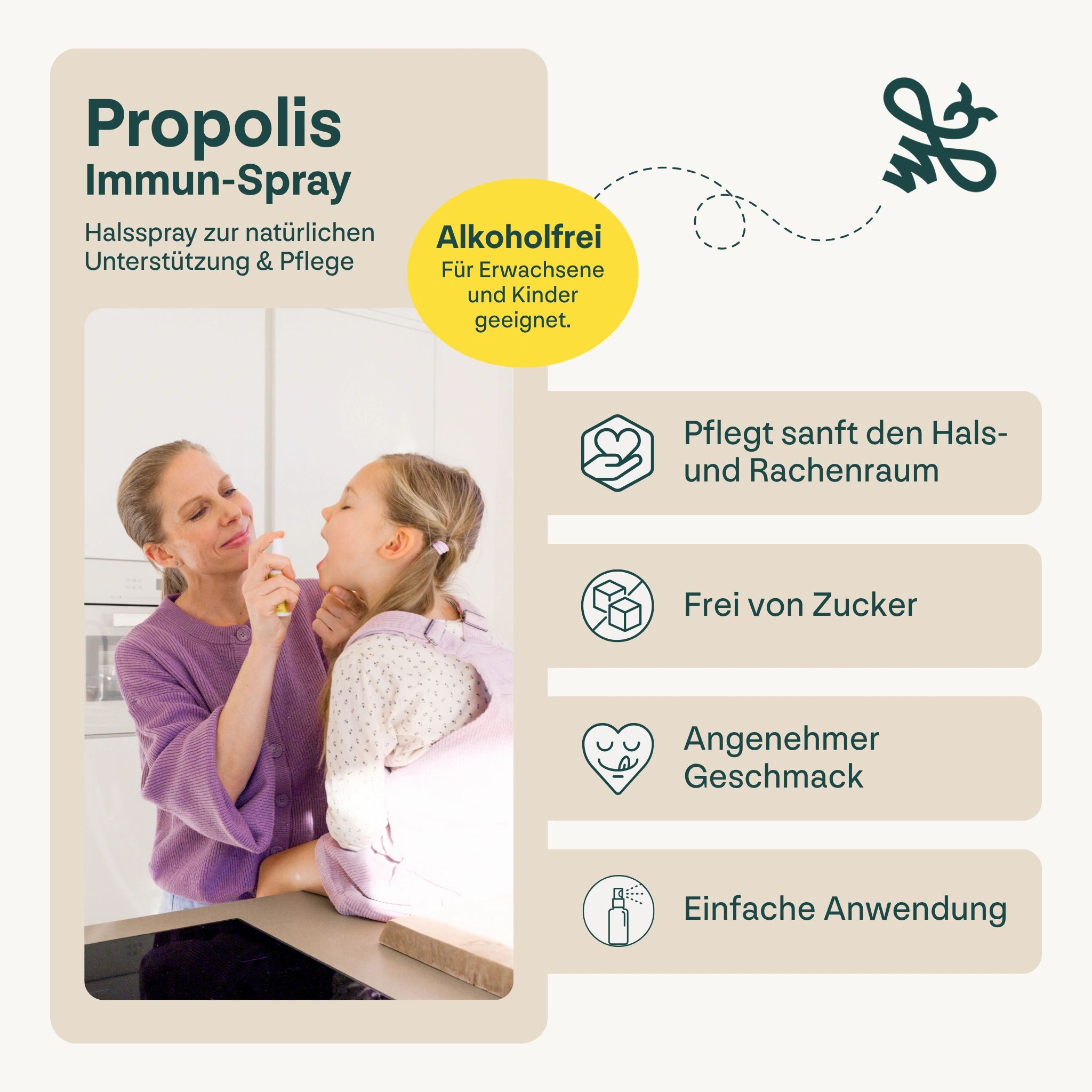 Frau und Kind mit Heybee Propolis Immun-Spray. Text: Alkohol frei, für Erwachsene und Kinder geeignet. Pflegt Hals, zuckerfrei, angenehmer Geschmack, einfache Anwendung.
