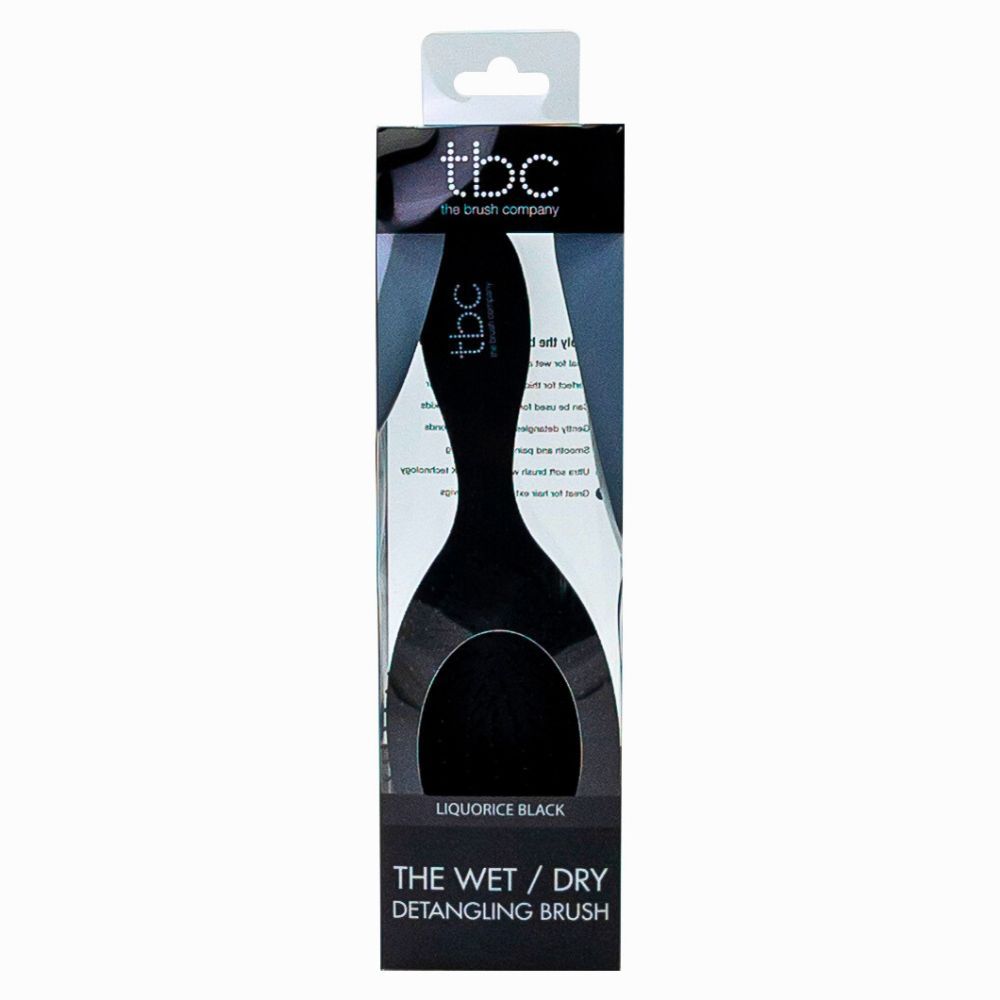 Verpackung der TBC Wet & Dry Haarbürste in Schwarz. Enthält die Bürste und Produktinformationen.