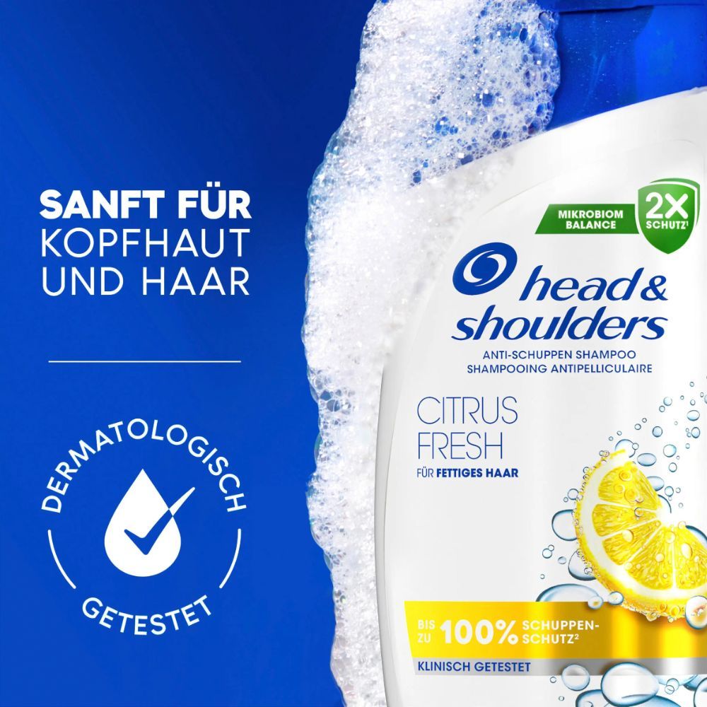 Head & Shoulders Citrus Fresh Shampoo-Flasche. Text: Sanft für Kopfhaut und Haar. Dermatologisch getestet.