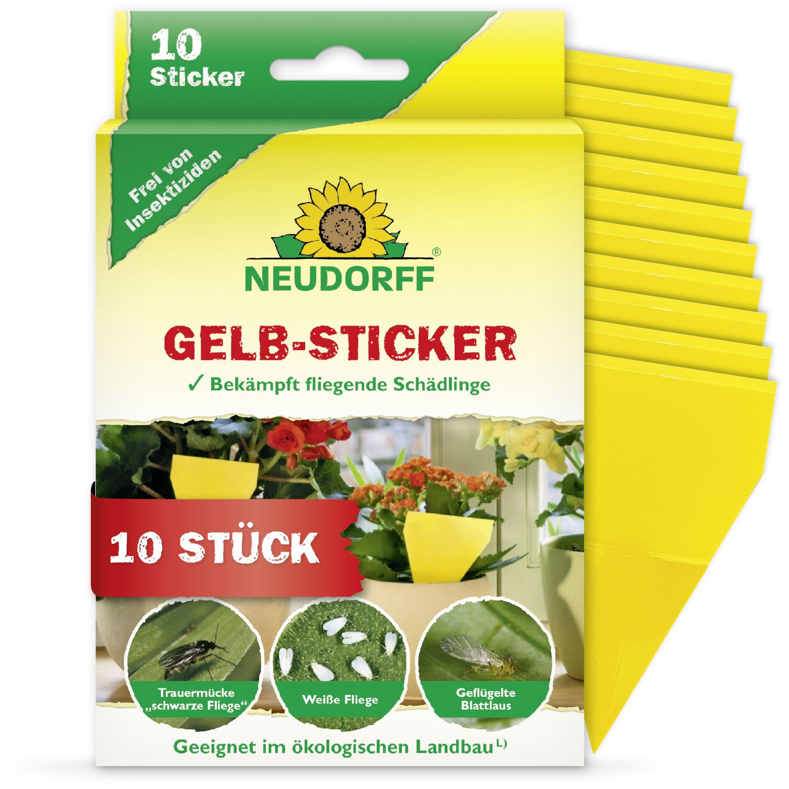Schachtel mit 10 Gelb-Stickern. Text: Frei von Insektiziden, Bekämpft fliegende Schädlinge. Marke: Neudorff. Abbildungen von Insekten.
