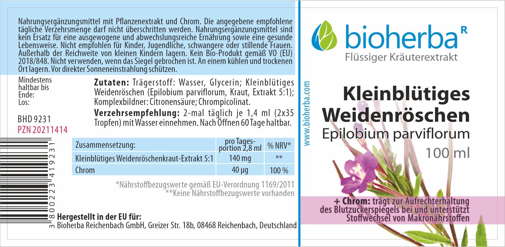 Etikett mit Produktinformationen. Enthält Bioherba, Kleinblütiges Weidenröschen, Epilobium parviflorum, 100 ml. Zutaten und Nährwertangaben.