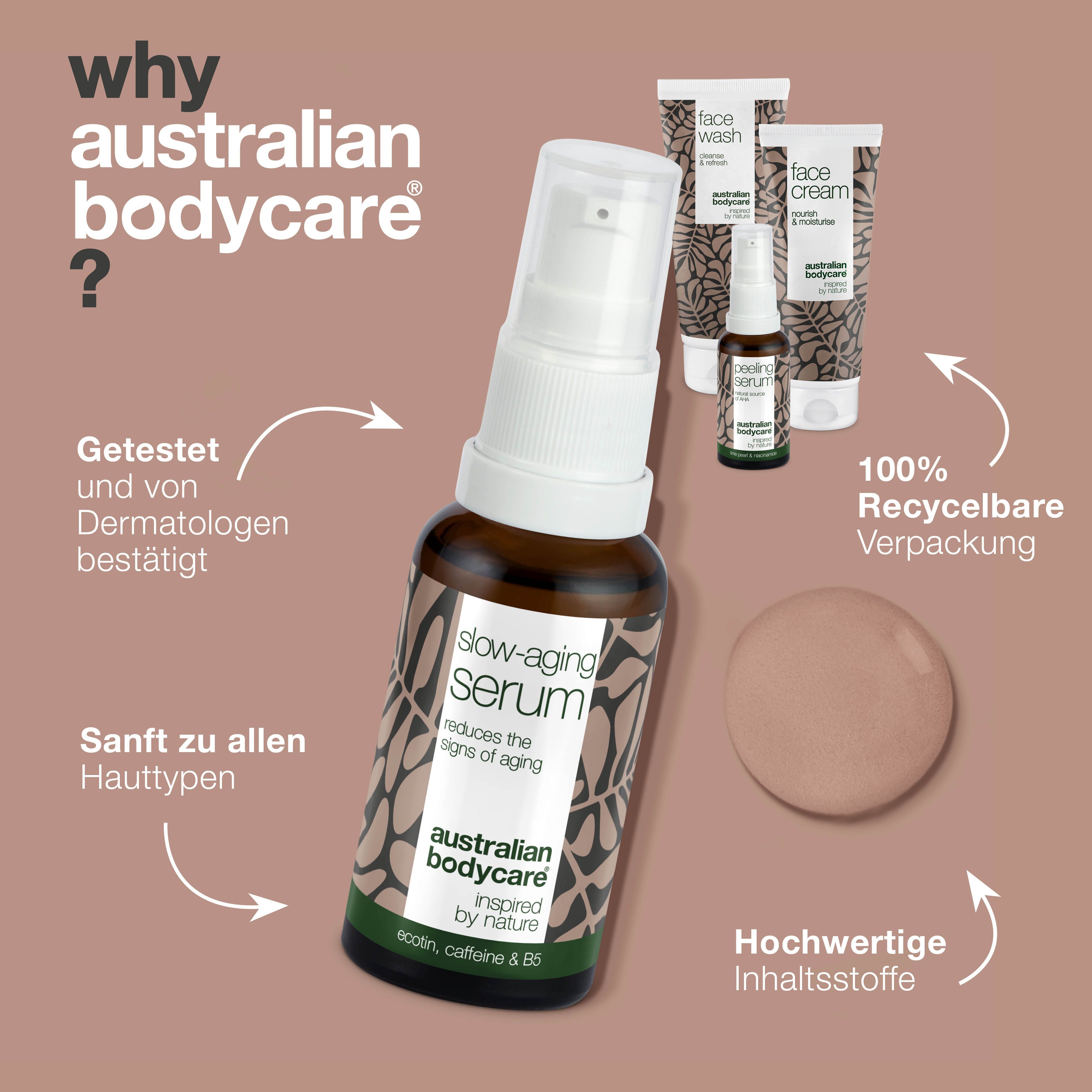 Slow-Aging Serum in brauner Flasche. Getestet, 100% recycelbare Verpackung, hochwertige Inhaltsstoffe. Australian Bodycare.