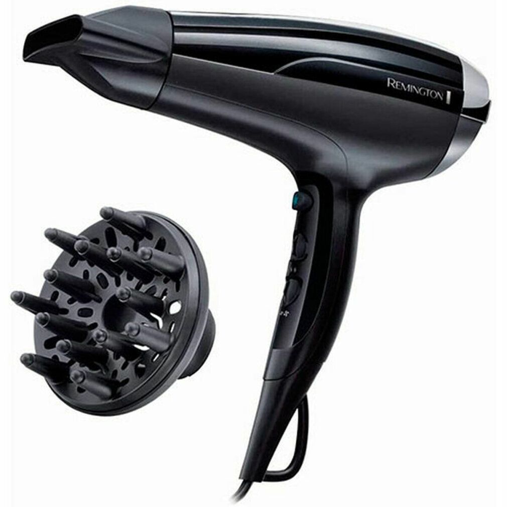 Schwarzer Haartrockner mit Diffusor. Marke Remington. Seitliche Ansicht. Diffusor links.