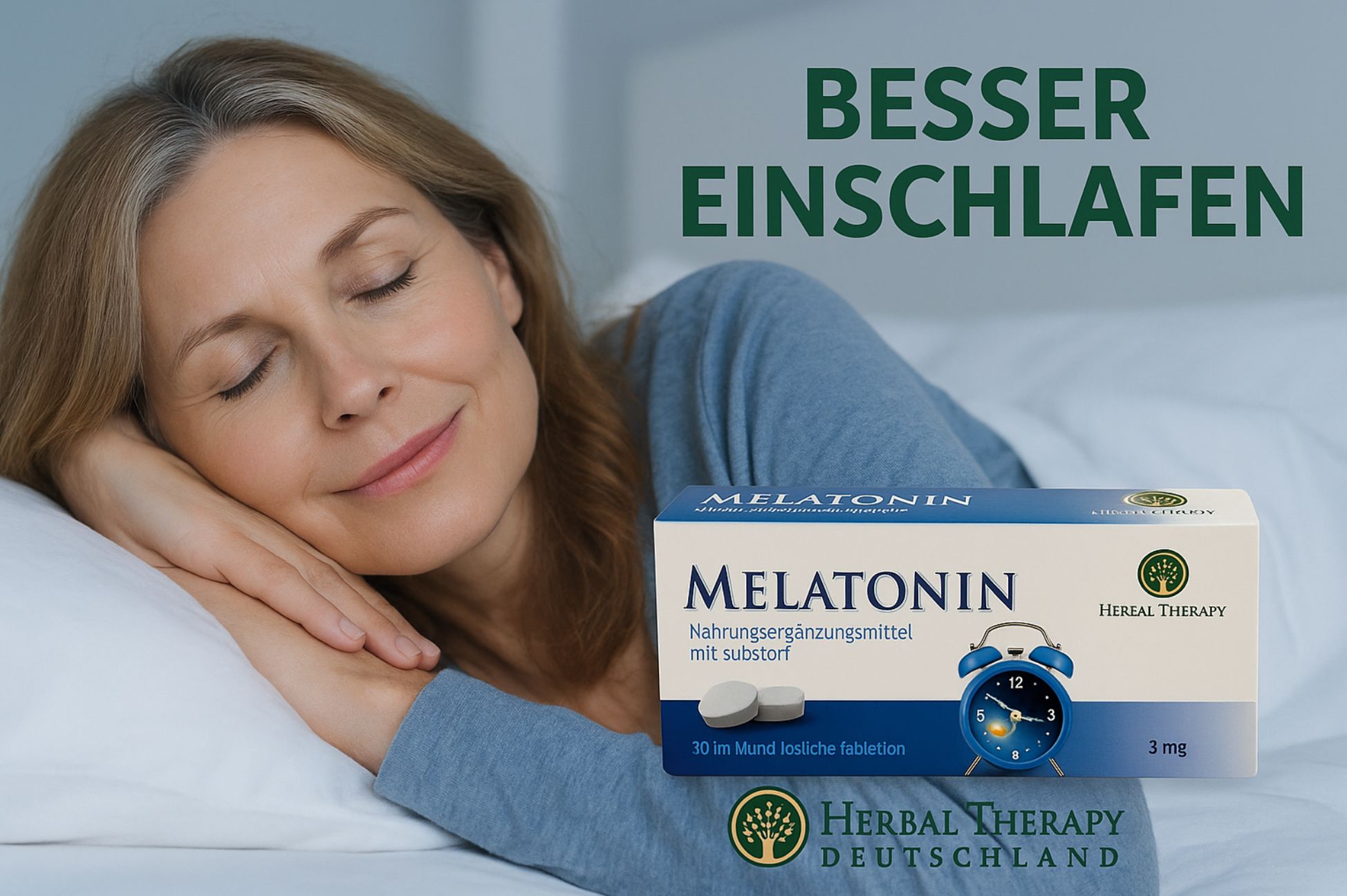 Frau liegt im Bett und hält eine Schachtel Melatonin. Aufschrift: MELATONIN, Herbal Therapy Deutschland, 3 mg.