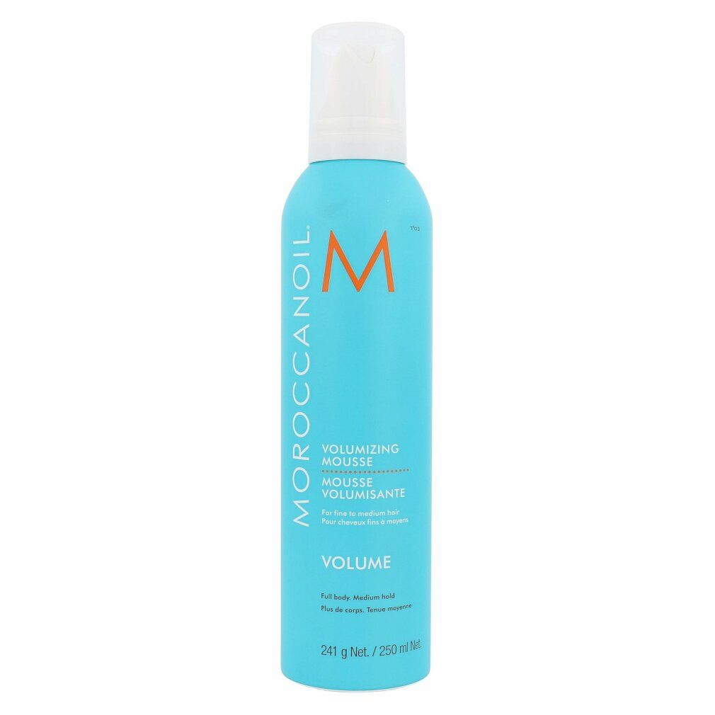 Türkisfarbene Flasche mit weißem Sprühkopf. Aufschrift: Moroccanoil, Volume Volumizing Mousse. 250 ml.