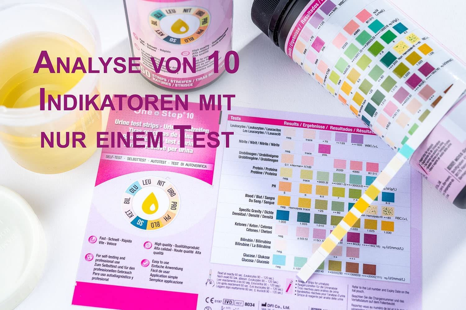 150 One+Step Urinteststreifen für 10 Indikatoren - Gesundheitstest inkl. Referenzfarbkarte