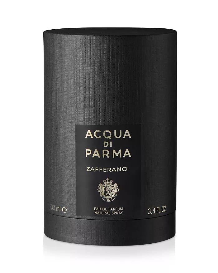 Schwarze zylindrische Verpackung mit Etikett. Aufschrift: ACQUA DI PARMA Zafferano. Unten: 100 ml, 3.4 FL.OZ.