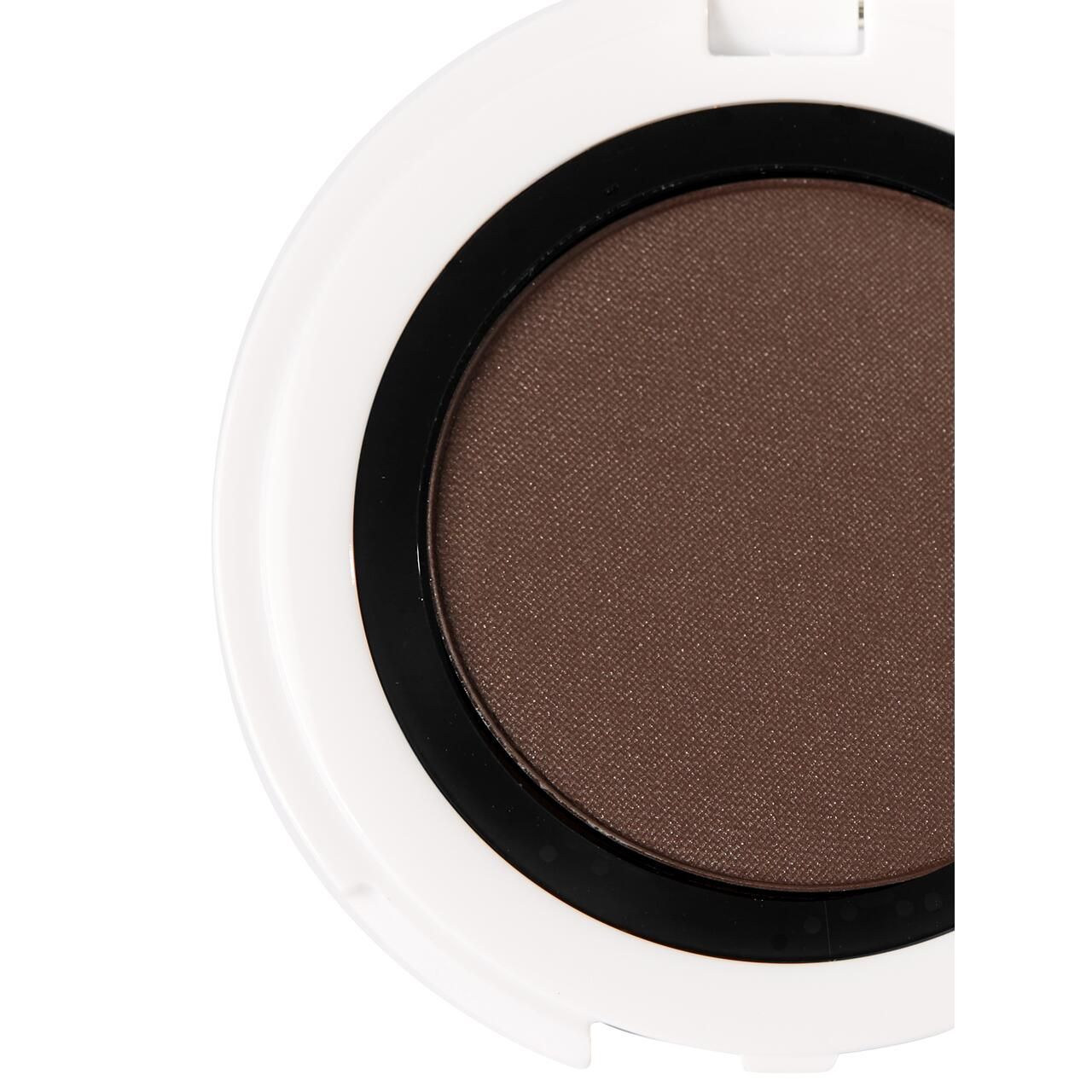 Brauner Lidschatten in einer weißen Dose mit schwarzem Rand. Teilansicht.