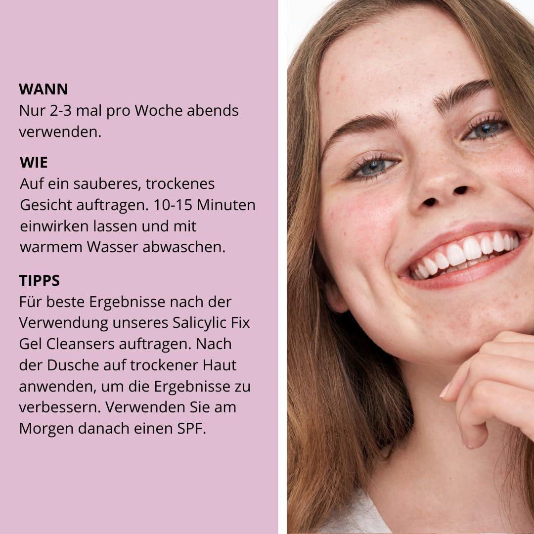 Text: WANN, WIE, TIPPS. Produktname nicht sichtbar. Frau lächelt.