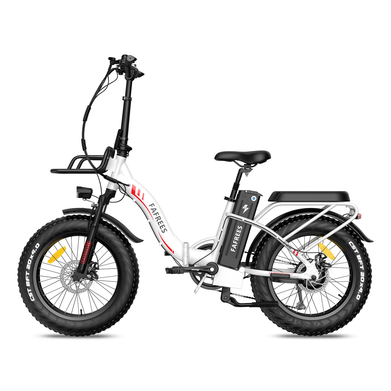 Weißes Fafrees F20 Max Elektrofahrrad. Schwarze Reifen, Gepäckträger, Frontkorb. Batterie und Marke sichtbar.