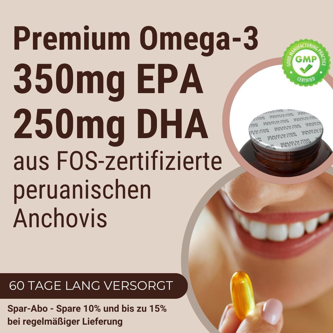 Kapsel mit Omega-3. Aufschrift: 350mg EPA, 250mg DHA. GMP-Zertifizierung. Frau hält Kapsel. Braune Flasche im Hintergrund.