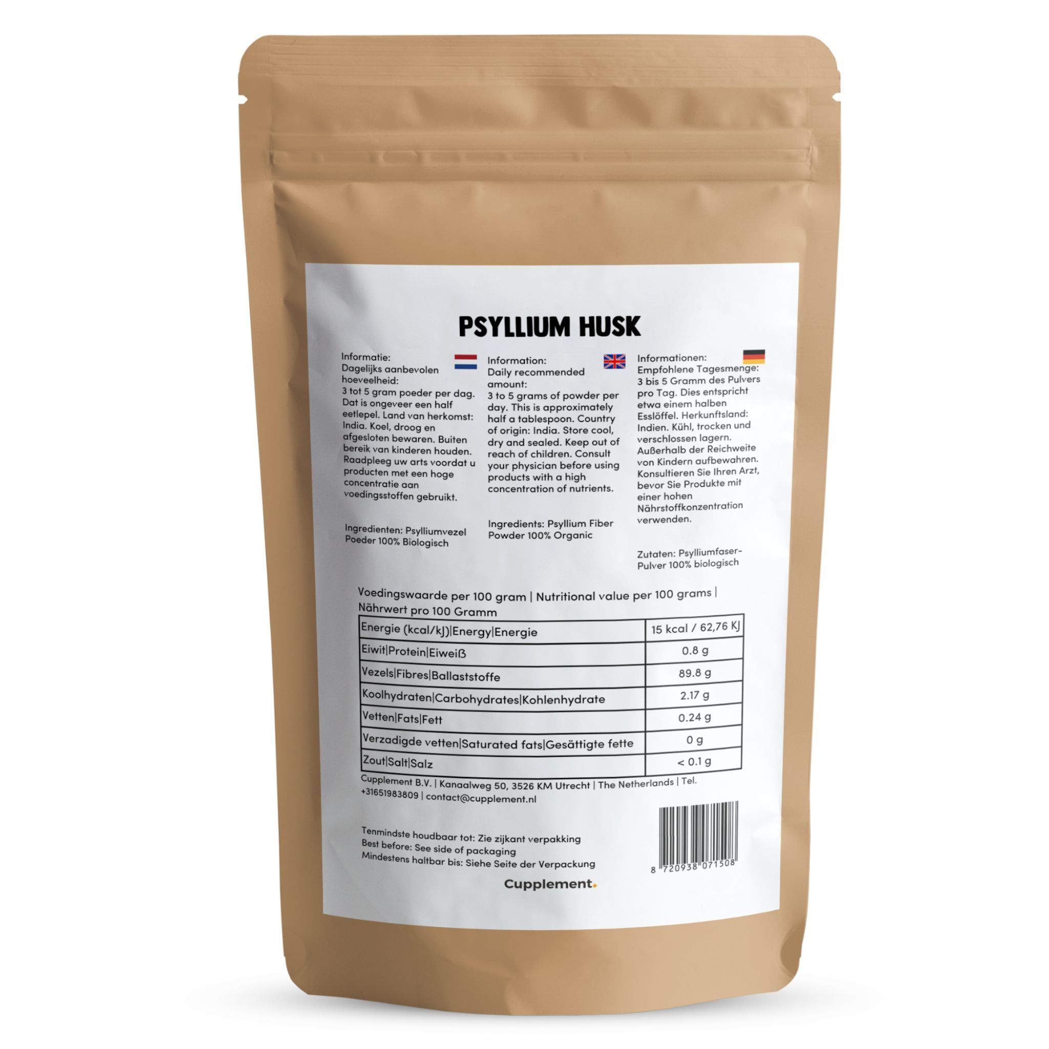 Rückseite der Verpackung. Text in mehreren Sprachen. Nährwertangaben pro 100g. Zutaten: Psyllium Husk 100% Organic.