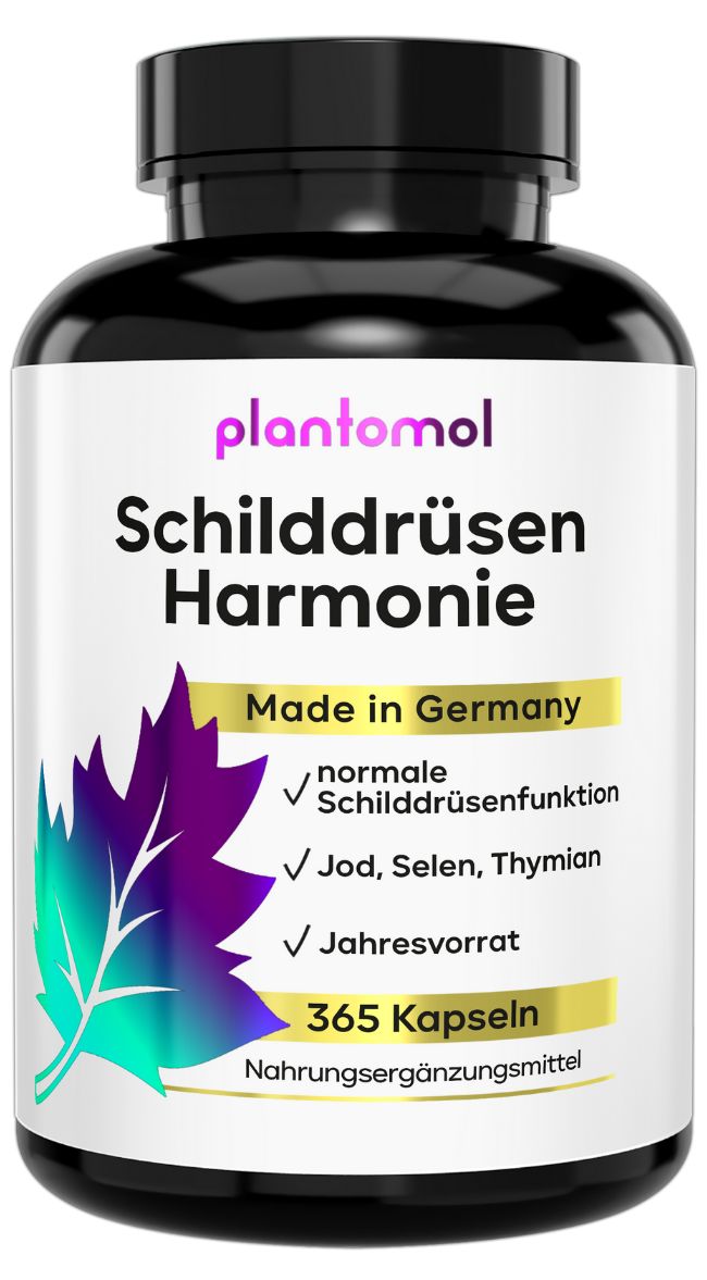 Braune Kapsel-Dose mit schwarzem Deckel. Aufschrift: plantomol Schilddrüsen Harmonie. Enthält Jod, Selen, Thymian. 365 Kapseln. Made in Germany.
