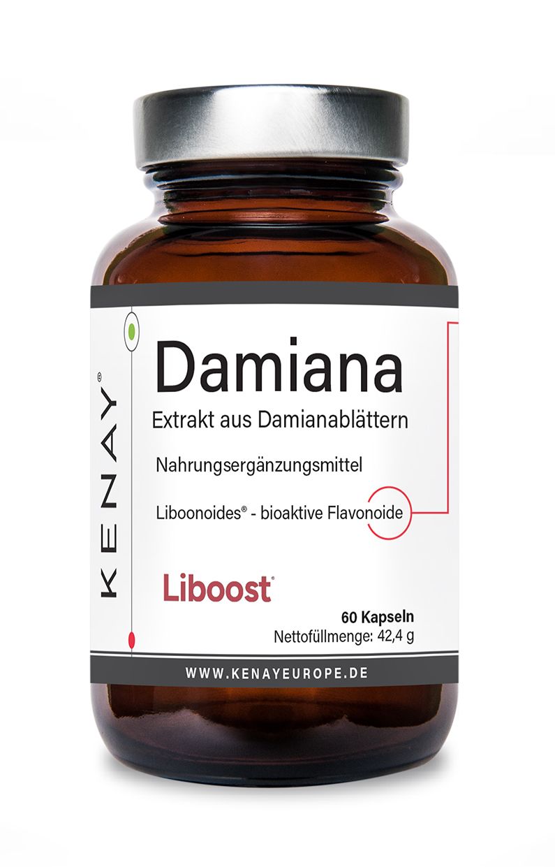 Braune Glasflasche mit weißem Etikett. Text: Damiana, Extrakt aus Damianablättern, Nahrungsergänzungsmittel, Liboonoide. Marke: KENAY®. Enthält 60 Kapseln.