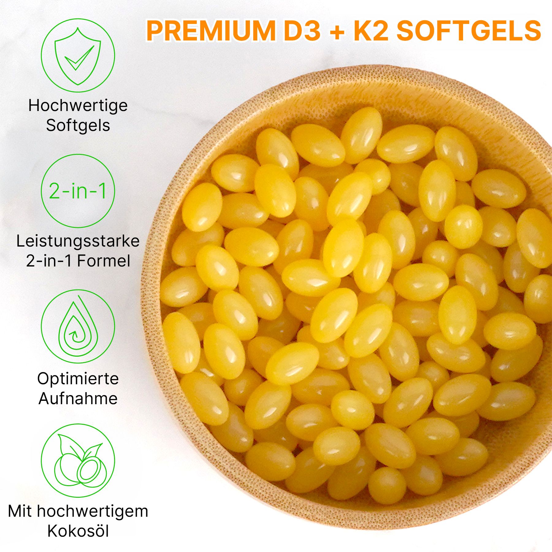 Acentiallabs Premium D3 + K2 Softgels in Schale, 2-in-1 Formel mit Kokosöl.