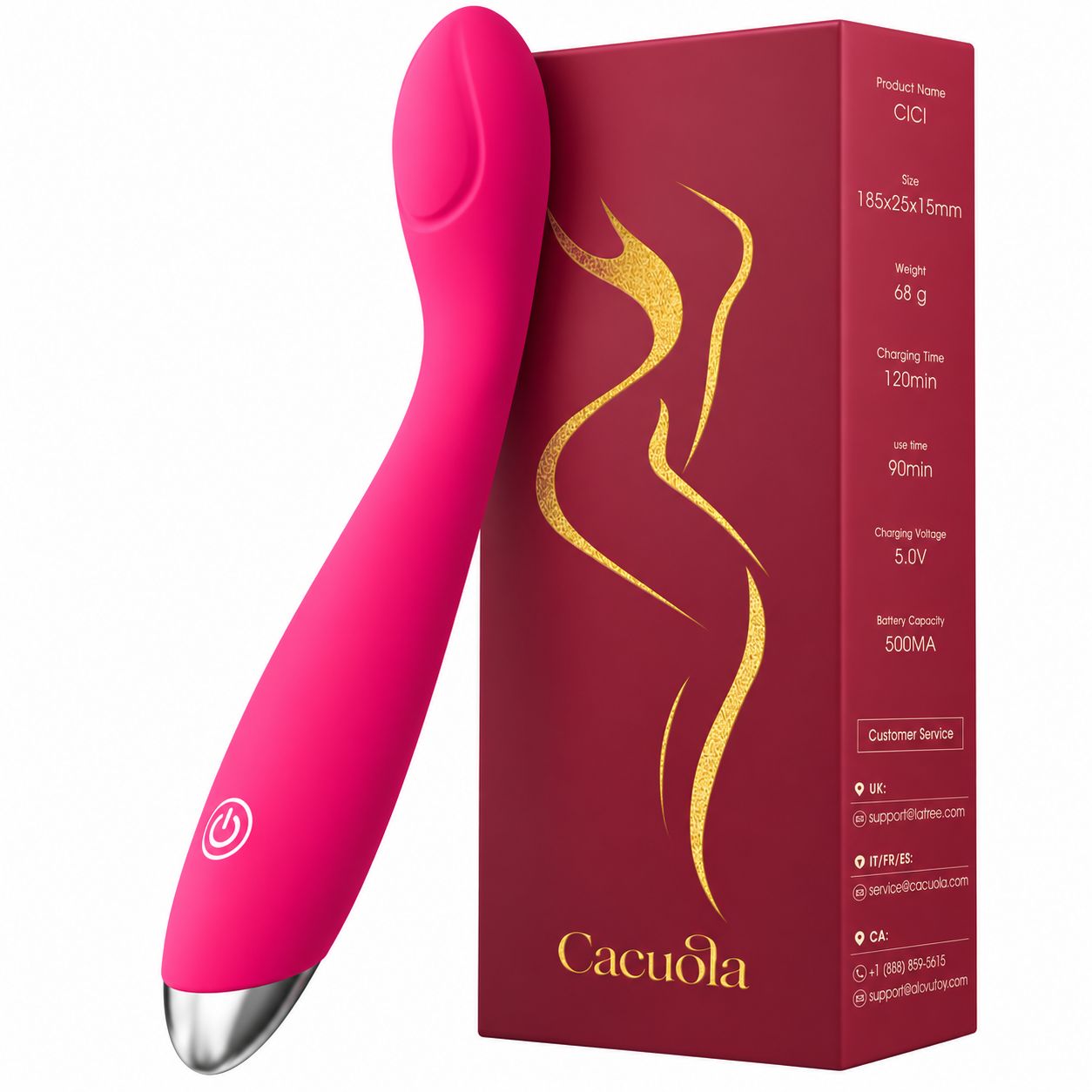 Pinker Vibrator mit Verpackung. Produktname: Cici. Größe: 185x25x15mm. Gewicht: 68g.