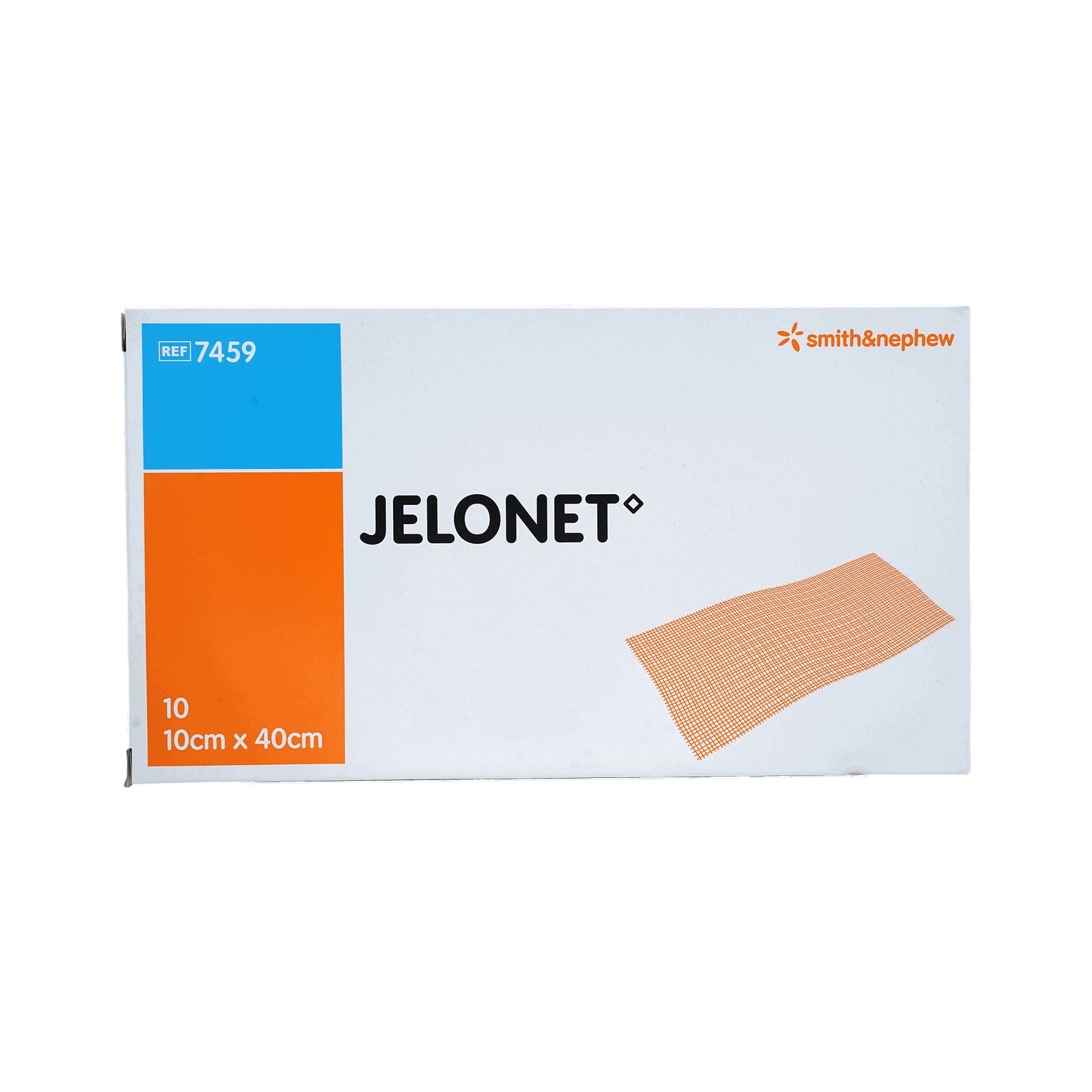 Verpackung mit JELONET Paraffingaze. Orangefarbene Gaze, 10x40 cm. Smith & Nephew Logo. Blaue und orangefarbene Akzente.