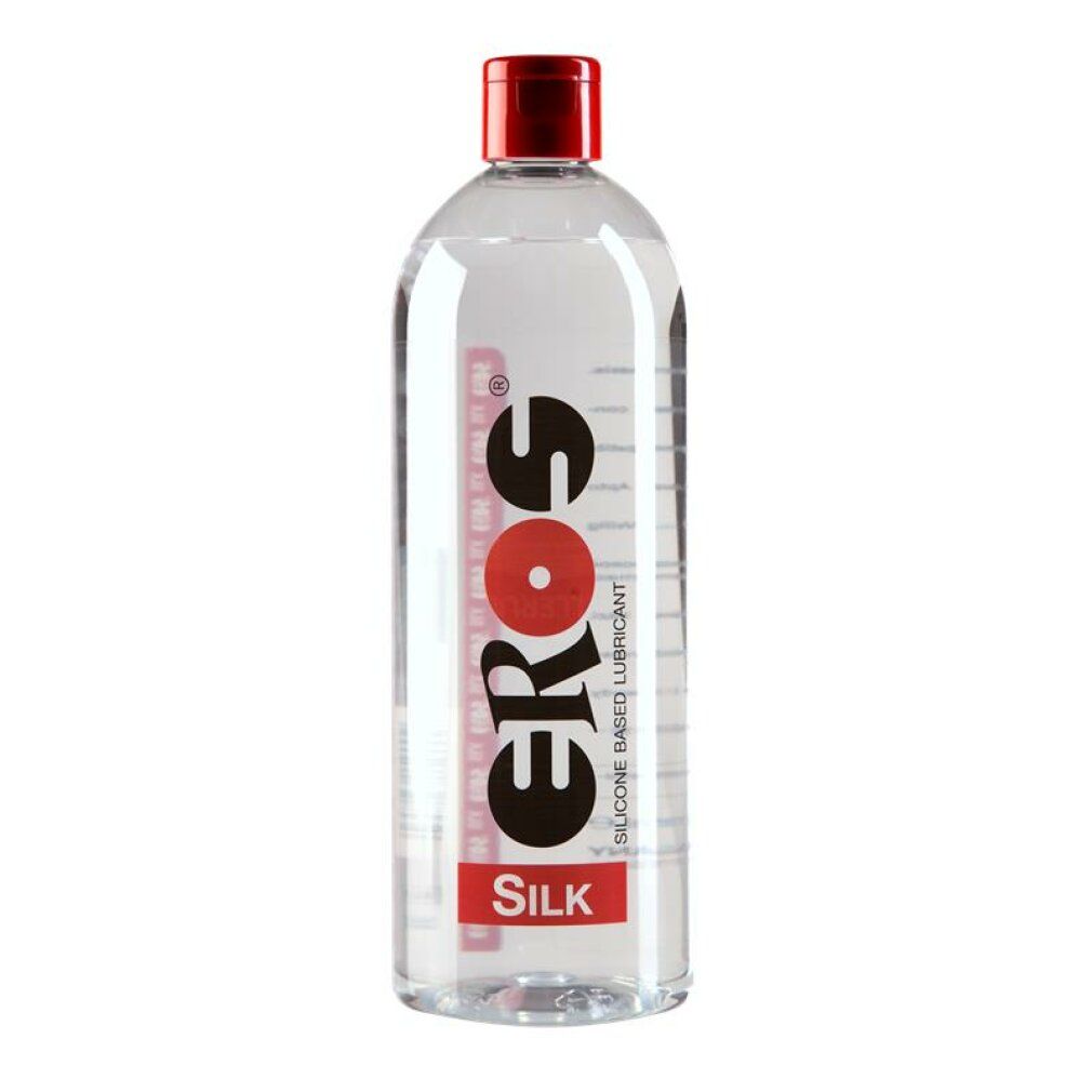 Transparente Flasche mit rotem Deckel. Aufdruck: EROS, SILK. Text: SILICONE BASED LUBRICANT.