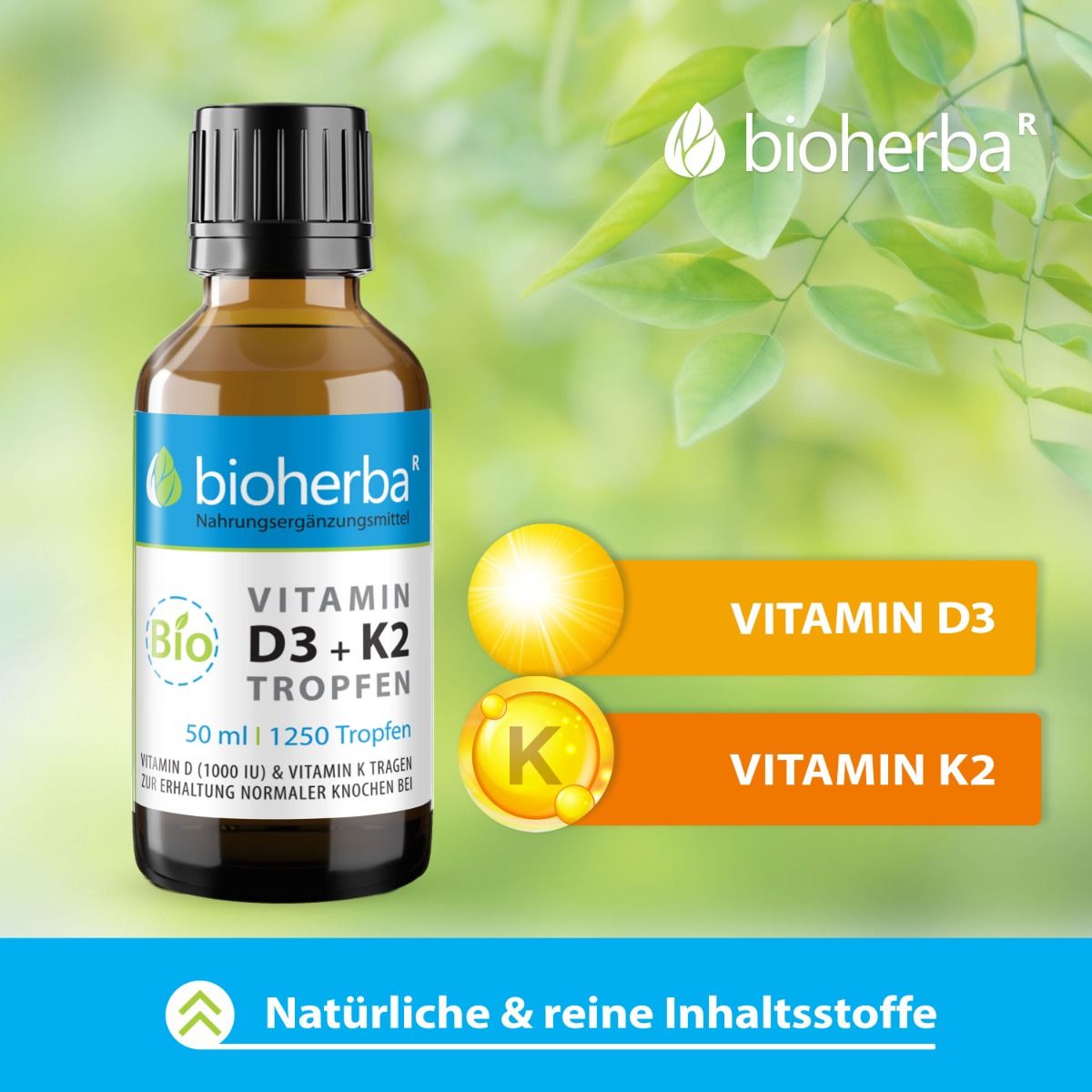 Braune Glasflasche mit schwarzem Deckel. Aufschrift: Bioherba Vitamin D3 + K2 Tropfen. Illustrationen von Sonne und K-Symbol.