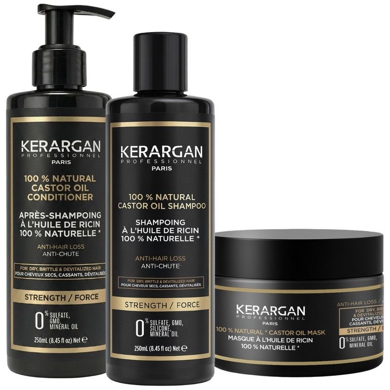 Drei schwarze Flaschen und ein Tiegel. Aufschrift: Kerargan, 100% natürliches Rizinusöl. Shampoo, Spülung und Maske.