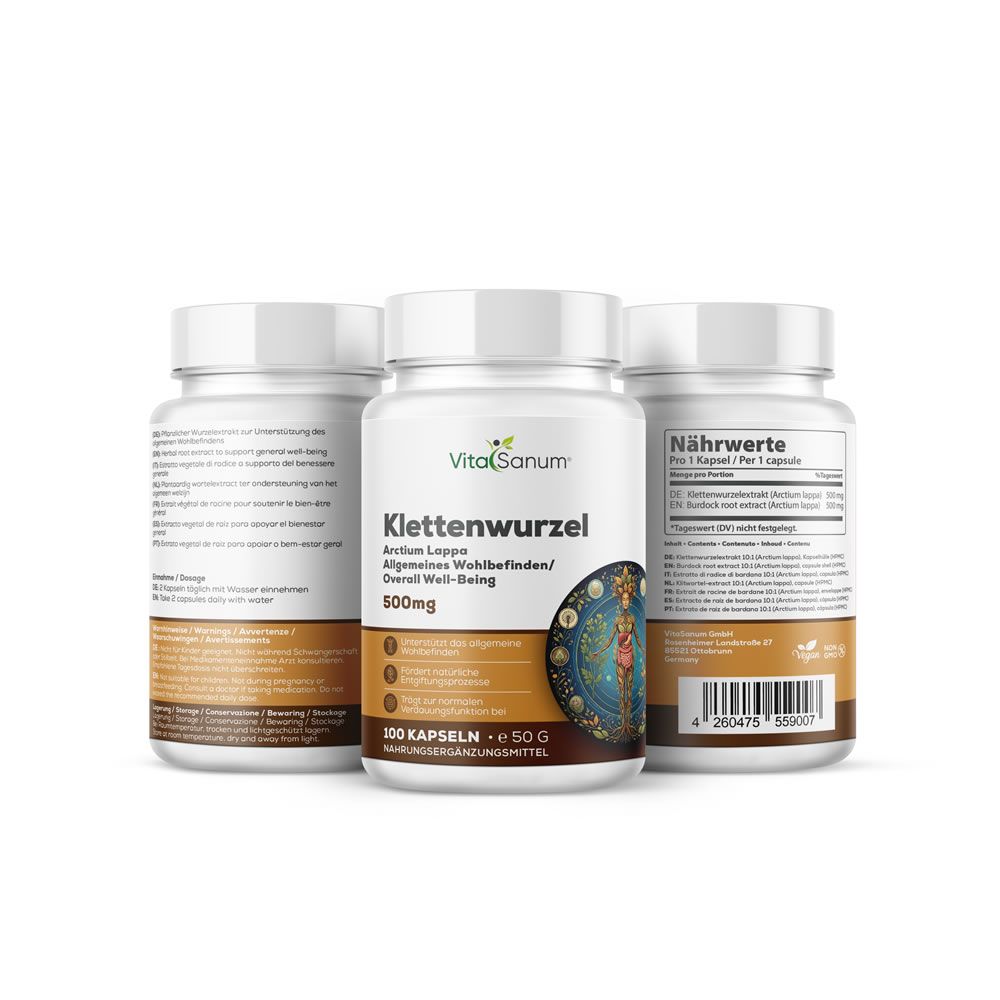 Drei Flaschen Kapseln. Aufschrift: VitaSanum, Klettenwurzel, 500mg. Etiketten mit Produktinformationen und Logo.