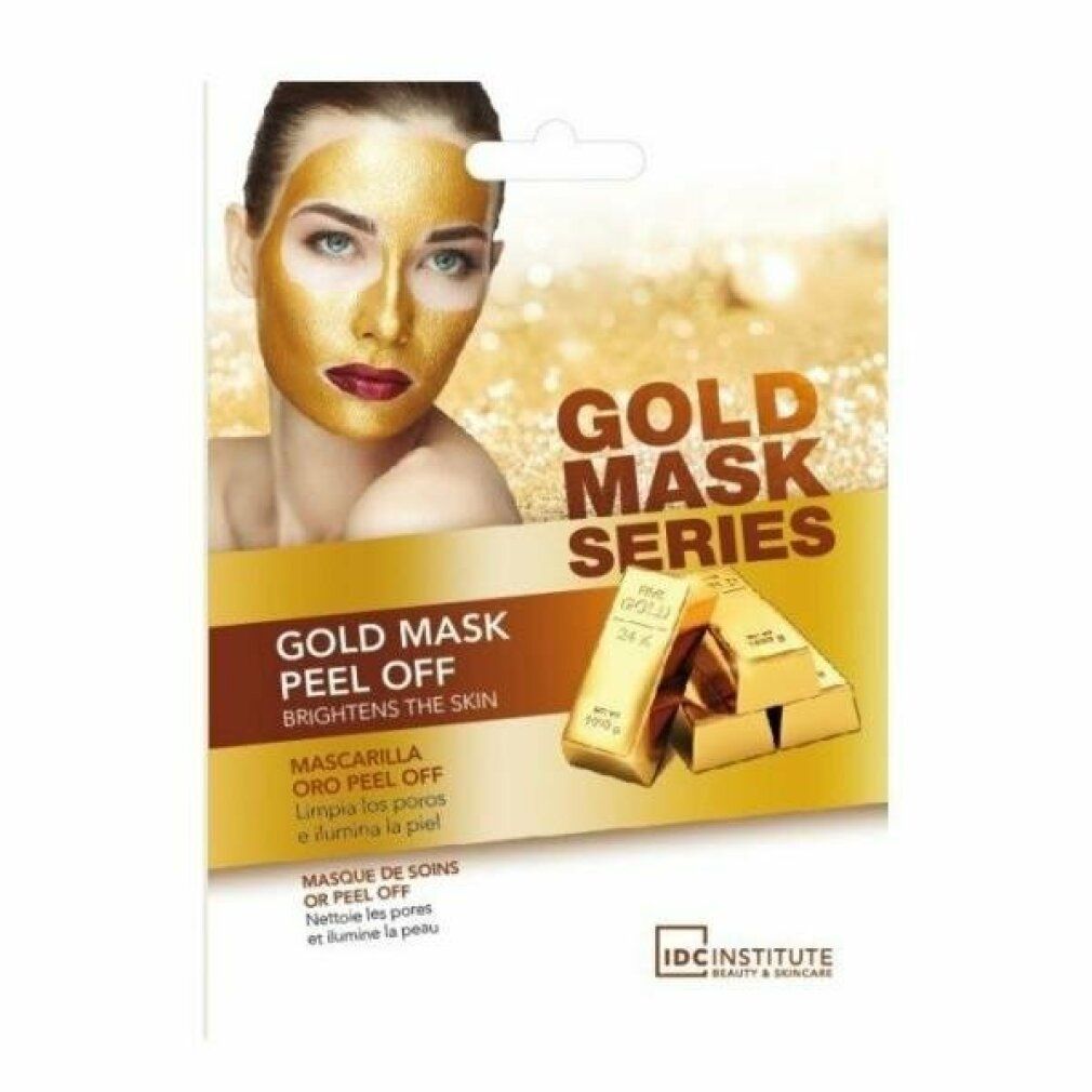 Verpackung mit Gold Mask Series Peel Off. Frau mit goldener Gesichtsmaske. Goldbarren-Illustration. IDC INSTITUTE Logo.