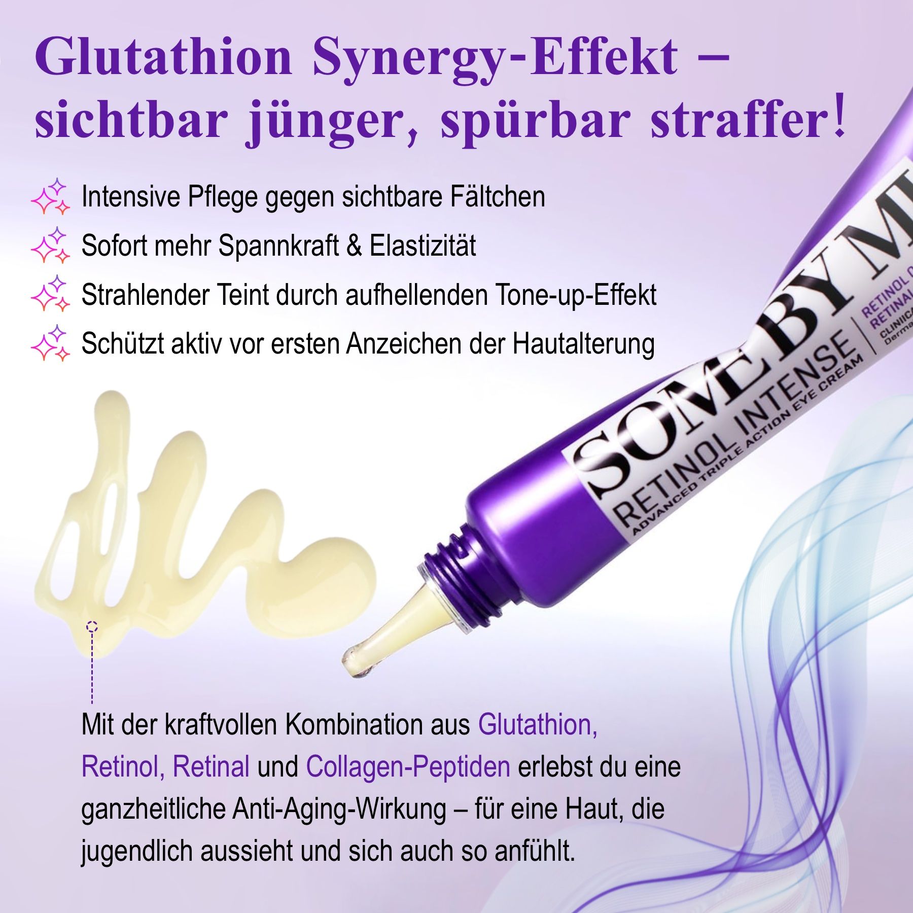 Creme wird aufgetragen. Tube mit Text: SOME BY MI RETINOL INTENSE. Text über Wirkung.