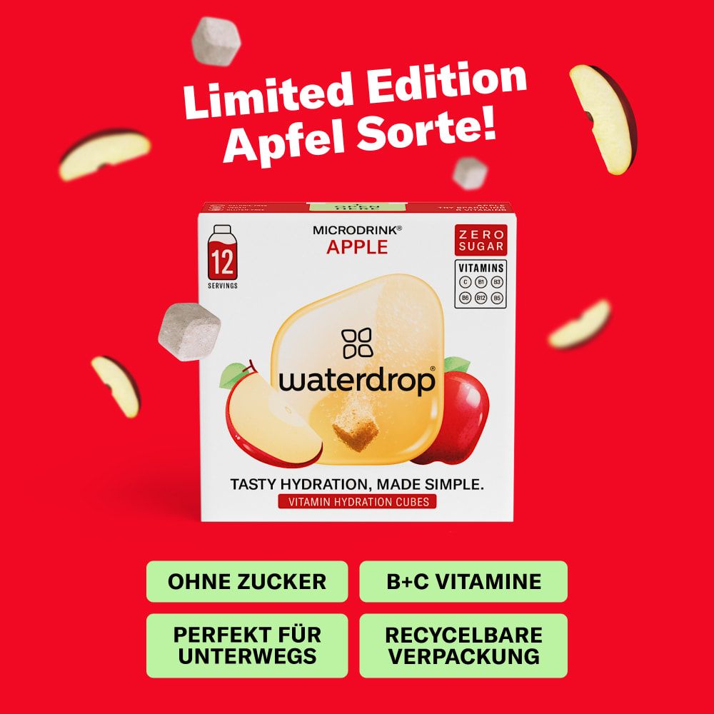 Limited Edition waterdrop® Microdrink Apfel. Ohne Zucker, B+C Vitamine, recycelbare Verpackung.