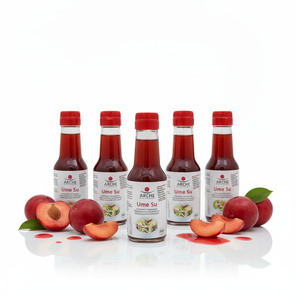 Fünf Flaschen Arche Ume Su Bio mit Pflaumen und Blättern.