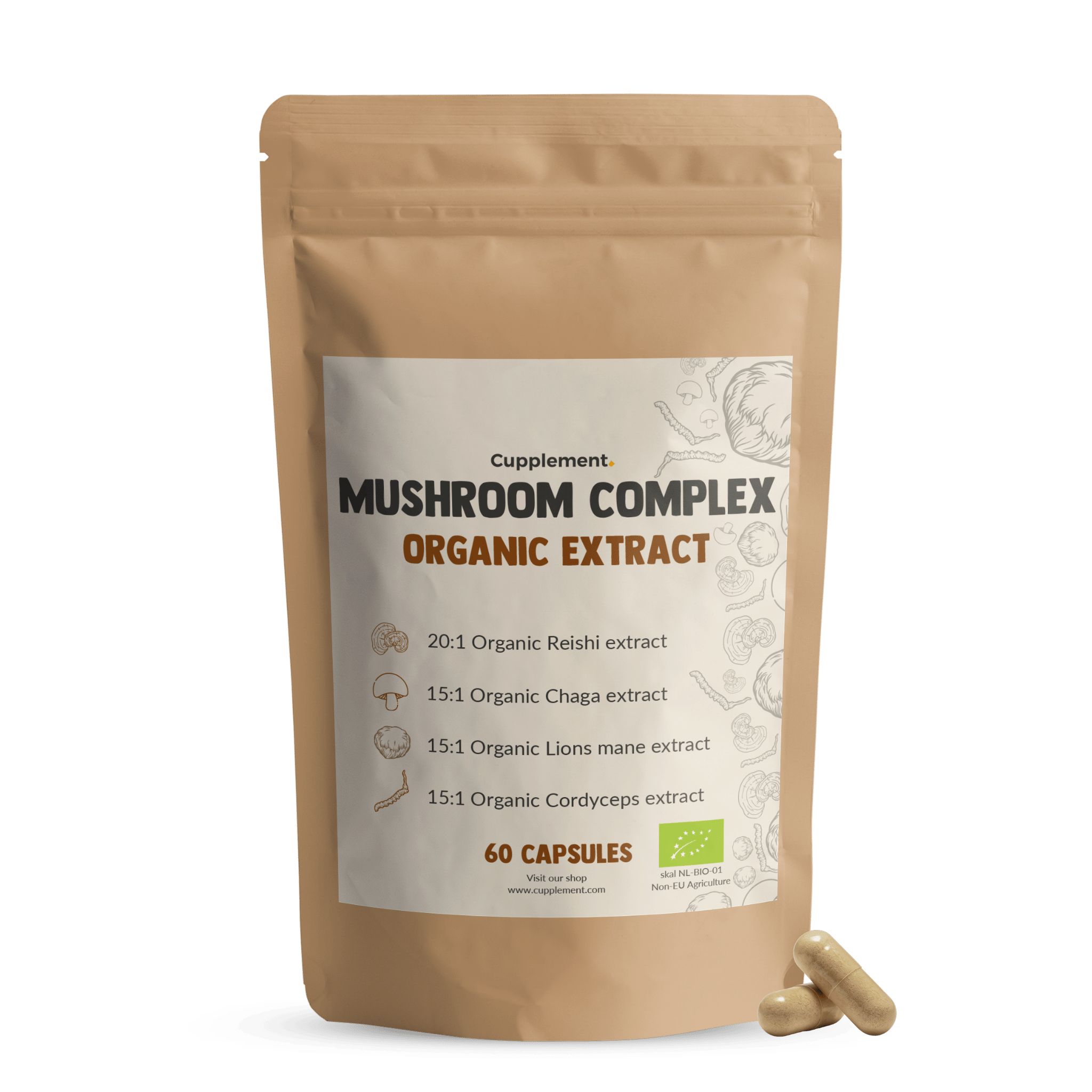Beutel mit Kapseln. Aufschrift: Mushroom Complex Organic Extract. 60 Kapseln. Bio-Siegel.