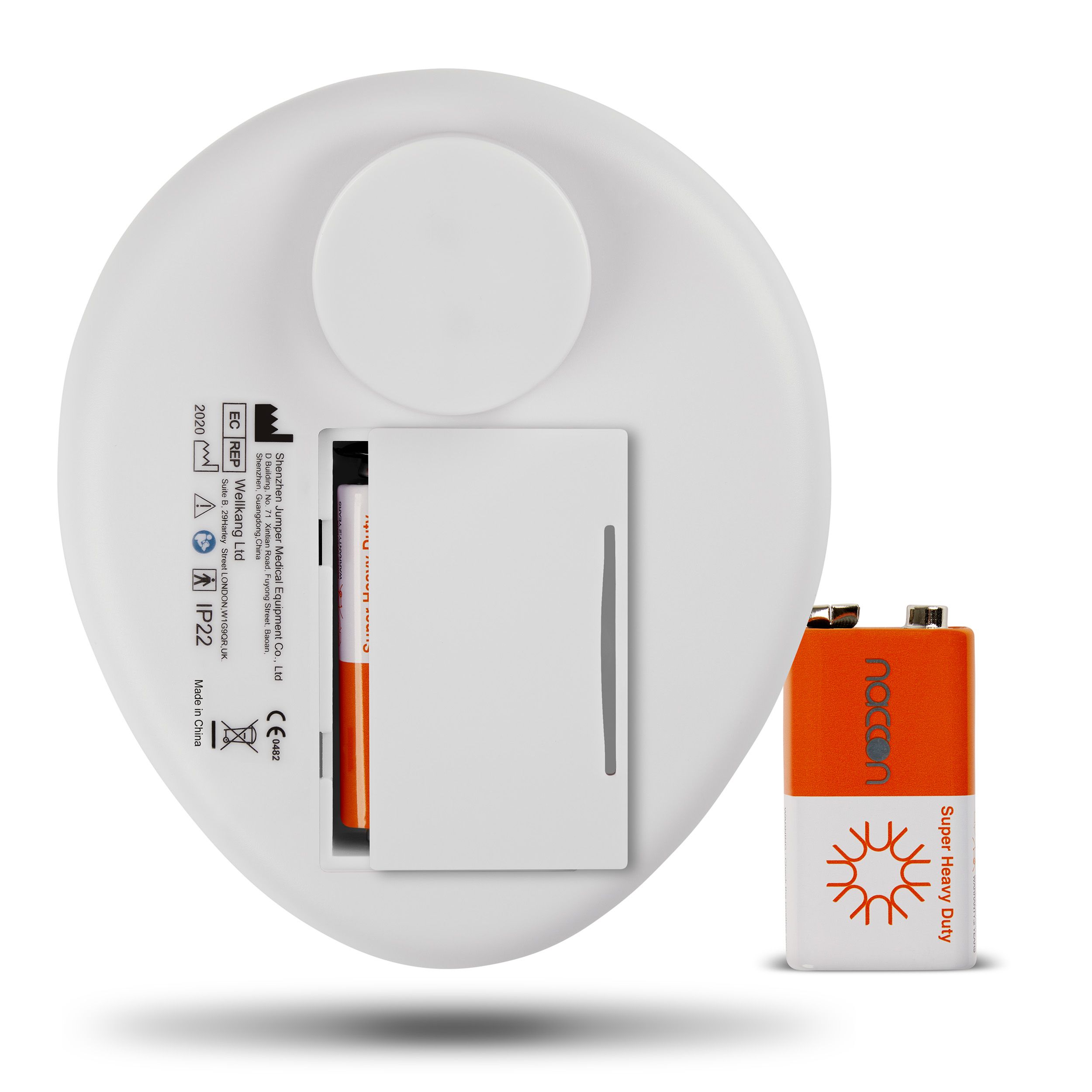 Geräteunterseite mit Batteriefach und Batterie. CE-Kennzeichnung und weitere Angaben.