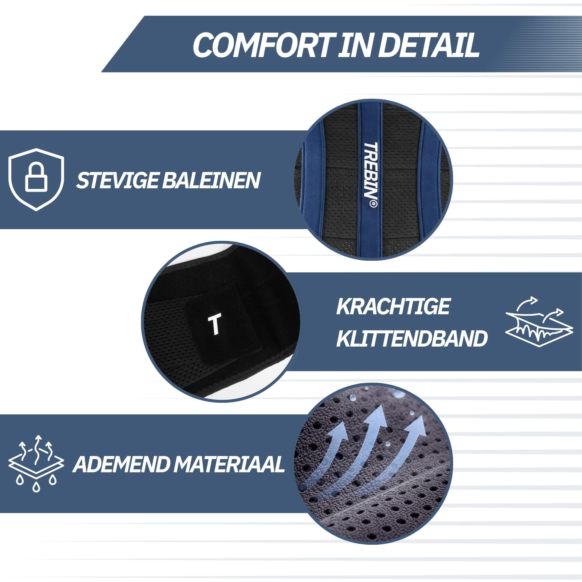 Rückenansicht eines Mannes mit schwarzer Rückenstütze mit vertikalen Verstrebungen und dem Markennamen 'TREBIN'.