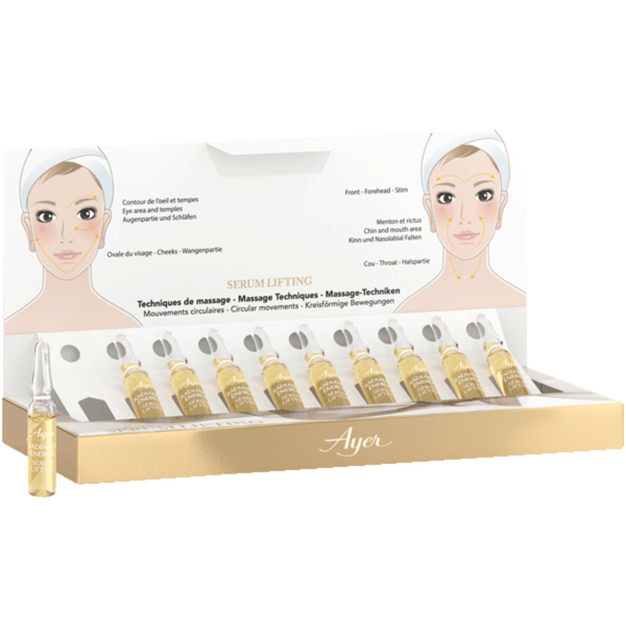 Verpackung mit Ampullen. Ayer Serum Lifting. Gesichtsdarstellung mit Massagepunkten. Eine Ampulle herausgenommen.