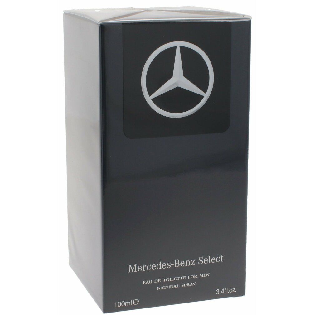 Schwarzer Karton mit Mercedes-Benz Logo. Aufschrift: Mercedes-Benz Select Eau de Toilette für Herren. 100ml, Natural Spray.